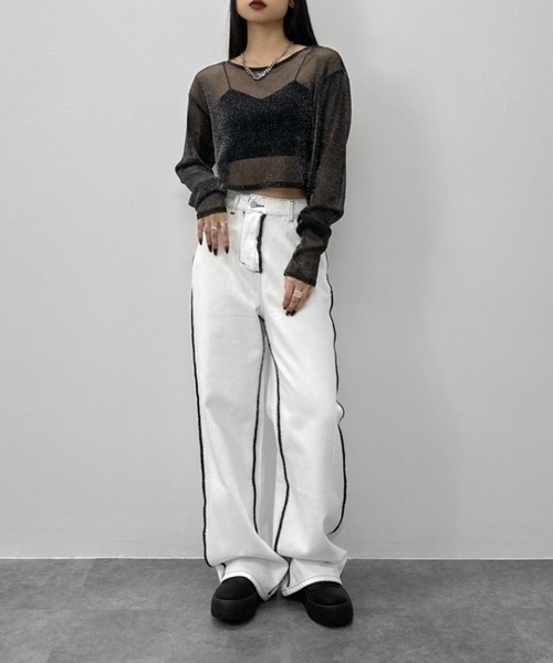 LVEU.(ラブユ.)の「【LVEU.】シアーラメクロップドプルオーバー / トップス シアー シースルー ラメ クロップド ショート レイヤード ブラック グレー ZOZOTOWN限定(Tシャツ/カットソー・レディース・グレー/ブラック・FREE)」の3枚目の写真