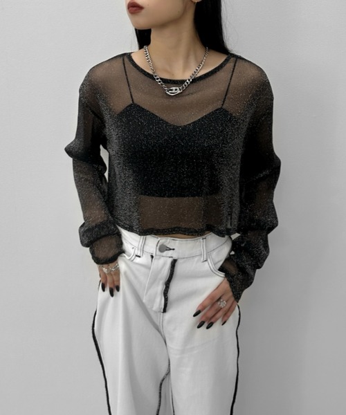 LVEU.(ラブユ.)の「【LVEU.】シアーラメクロップドプルオーバー / トップス シアー シースルー ラメ クロップド ショート レイヤード ブラック グレー ZOZOTOWN限定(Tシャツ/カットソー・レディース・グレー/ブラック・FREE)」の6枚目の写真