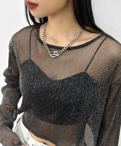 LVEU.(ラブユ.)の「【LVEU.】シアーラメクロップドプルオーバー / トップス シアー シースルー ラメ クロップド ショート レイヤード ブラック グレー ZOZOTOWN限定(Tシャツ/カットソー・レディース・グレー/ブラック・FREE)」の7枚目の写真