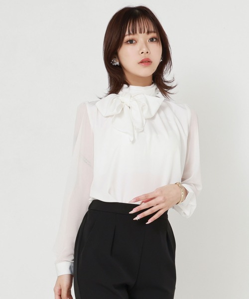 Diable baiser（ディアブルベーゼ）の「上品ボウタイリボン取り外し可/袖シアーブラウス【M/L/LL/3L】（シャツ/ブラウス・レディース・ホワイト/ブラック・3L/LL/LARGE/MEDIUM）」の18枚目の写真