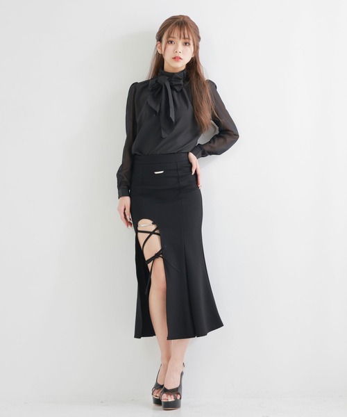Diable baiser（ディアブルベーゼ）の「上品ボウタイリボン取り外し可/袖シアーブラウス【M/L/LL/3L】（シャツ/ブラウス・レディース・ホワイト/ブラック・3L/LL/LARGE/MEDIUM）」の4枚目の写真