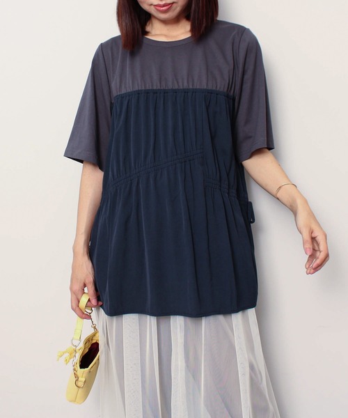 leswel(レスウェル)の「【L~5L 大きいサイズ】 ビスチェ風 レイヤード 半袖 ギャザー カットソー トップス(Tシャツ/カットソー・レディース・ブルー/カーキ/ネイビー・3L/4L/5L/LL/L)」の3枚目の写真