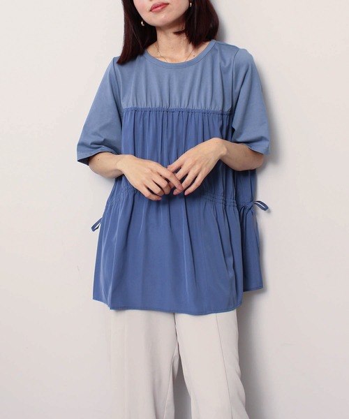 leswel(レスウェル)の「【L~5L 大きいサイズ】 ビスチェ風 レイヤード 半袖 ギャザー カットソー トップス(Tシャツ/カットソー・レディース・ブルー/カーキ/ネイビー・3L/4L/5L/LL/L)」の12枚目の写真