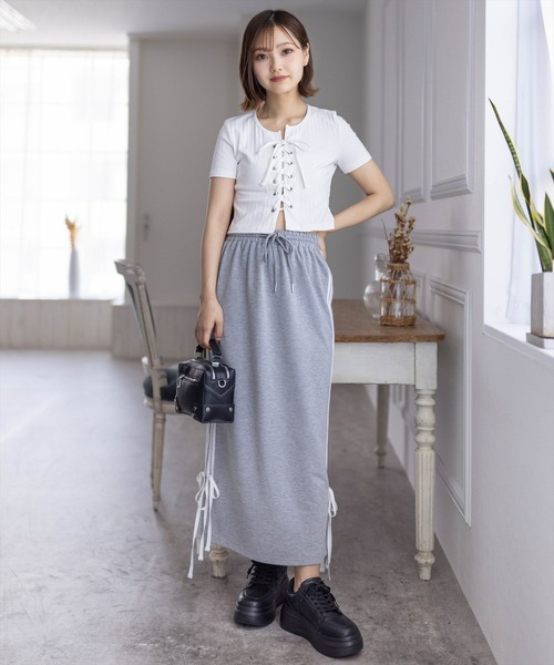 clear（クリア）の「ラインリボンスウェットIラインスカート[バレエコア カジュアル ガーリー]≪SS新作≫（スカート・レディース・グレー/アイボリー/ブラック・F）」の19枚目の写真