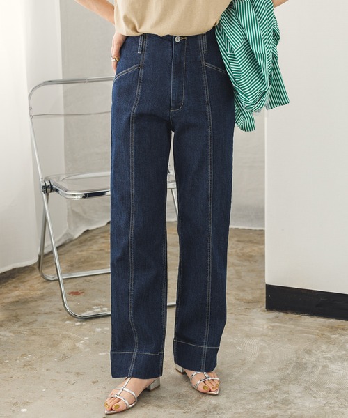 hunch（ハンチ）の「デニム/ツイルストレートパンツ（デニムパンツ・レディース・グレイッシュベージュ/ワンウォッシュ/ライトインディゴブルー・FREE）」の3枚目の写真