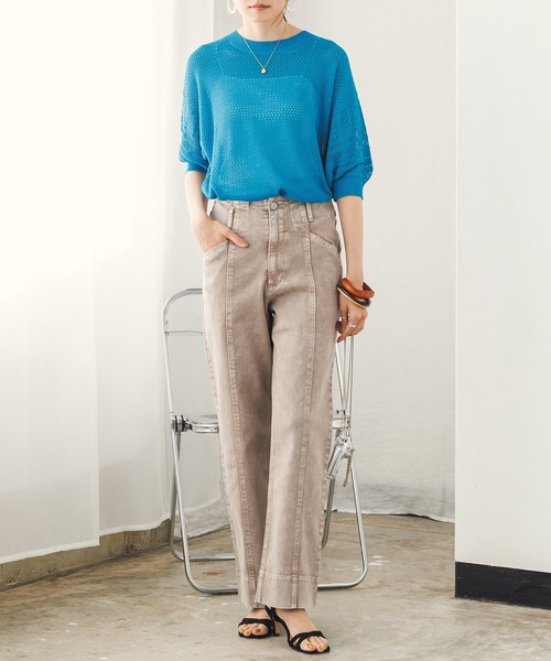 hunch（ハンチ）の「デニム/ツイルストレートパンツ（デニムパンツ・レディース・グレイッシュベージュ/ワンウォッシュ/ライトインディゴブルー・FREE）」の8枚目の写真