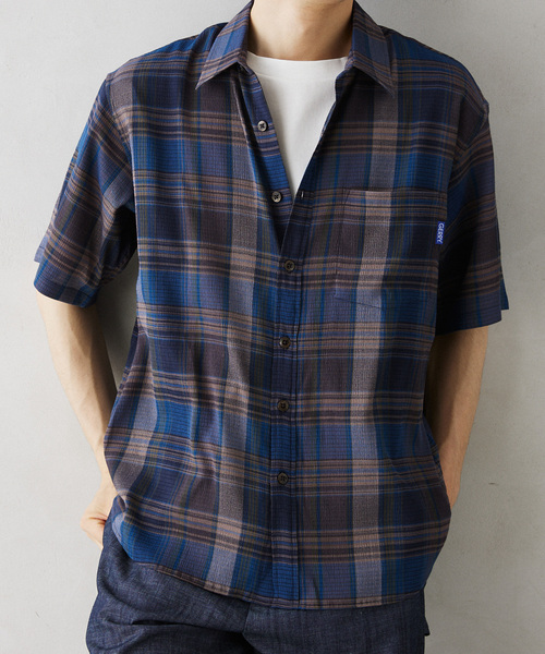 GERRY（ジェリー）の「GERRY／ジェリー 別注 クレープ半袖チェックシャツ（シャツ/ブラウス・メンズ・アイボリー/ネイビー/ブラウン・LARGE/MEDIUM）」の3枚目の写真