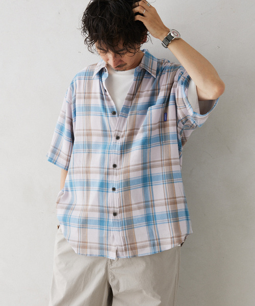 GERRY（ジェリー）の「GERRY／ジェリー 別注 クレープ半袖チェックシャツ（シャツ/ブラウス・メンズ・アイボリー/ネイビー/ブラウン・LARGE/MEDIUM）」の12枚目の写真