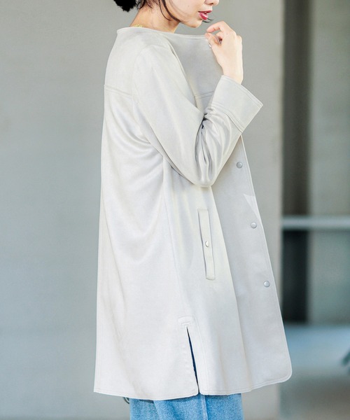 美品 ソウソウ ロングジャケット ノーカラージャケット ゆったりM スエード調ノーカラーロング丈ジャケット（テーラードジャケット