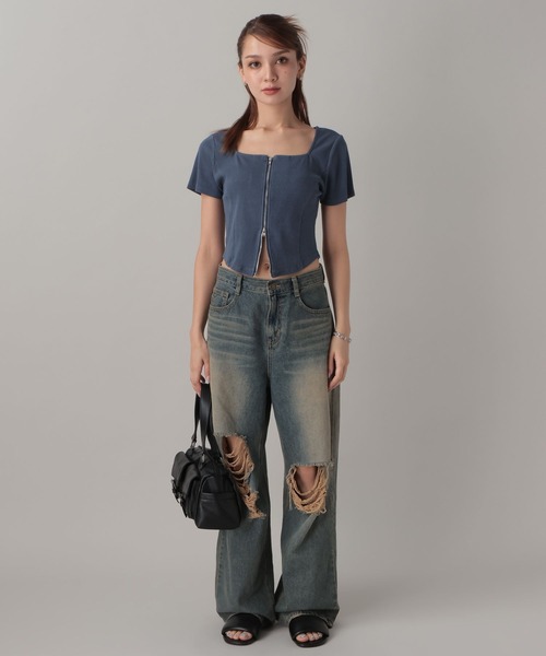 FOREVER 21（フォーエバー トゥエンティーワン）の「【2024SS】ピグメントリブジップTシャツ（Tシャツ/カットソー・レディース・ネイビー/グレー/ナチュラル・SMALL/MEDIUM）」の15枚目の写真