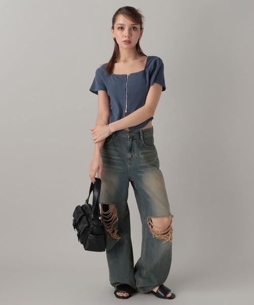 FOREVER 21（フォーエバー トゥエンティーワン）の「【2024SS】ピグメントリブジップTシャツ（Tシャツ/カットソー・レディース・ネイビー/グレー/ナチュラル・SMALL/MEDIUM）」の16枚目の写真