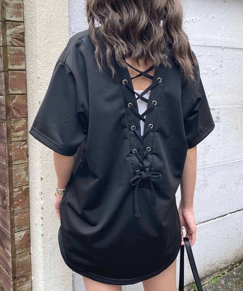 NANEA(ナネア)の「バックレースアップ Vネックカットソー(Tシャツ/カットソー・レディース・ブラック/グレー・LARGE/X-LARGE/XX-LARGE)」の3枚目の写真
