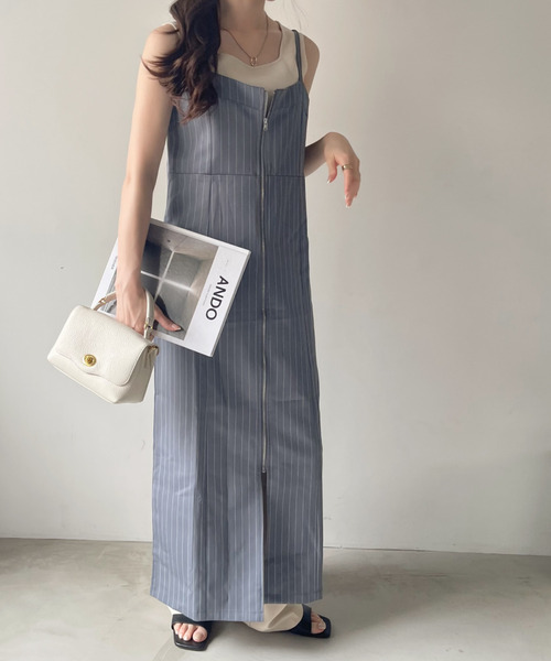 Eclat one(エクラワン)の「【Eclat one】ピンストライプ フロントジップ キャミワンピース(ワンピース・レディース・グレー/ネイビー/ブラック・FREE)」の16枚目の写真