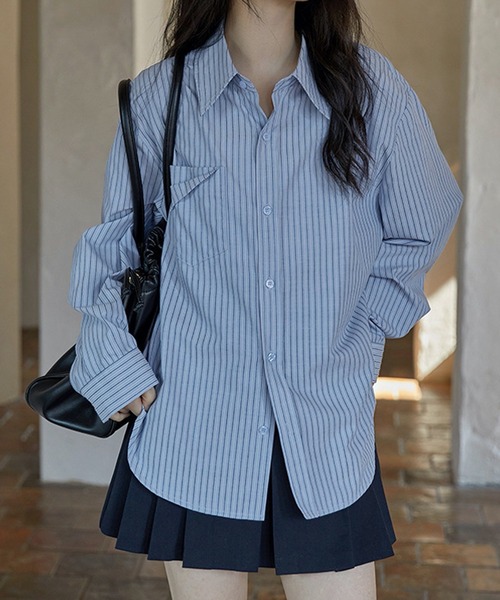 HALEY PESCA(ヘーリーペスカ)の「HALEY PESCA/デザインポケット ルーズストライプシャツ(シャツ/ブラウス・レディース・ブルー/アイボリー・MEDIUM/LARGE/SMALL)」の1枚目の写真