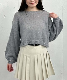 バックレースアップスパンコール透かしニット