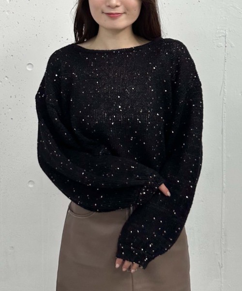 archives（アルシーヴ）の「バックレースアップスパンコール透かしニット（ニット/セーター・レディース・ブラック/アイボリー/ブルーグレー/ピンクベージュ・MEDIUM）」の3枚目の写真