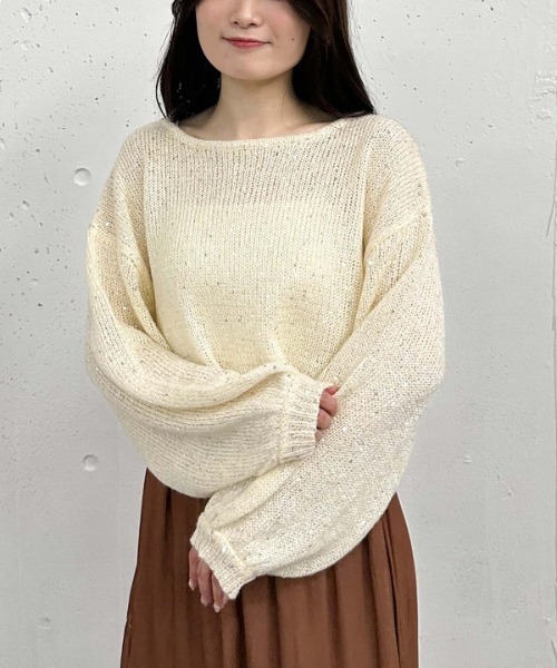 archives（アルシーヴ）の「バックレースアップスパンコール透かしニット（ニット/セーター・レディース・ブラック/アイボリー/ブルーグレー/ピンクベージュ・MEDIUM）」の5枚目の写真