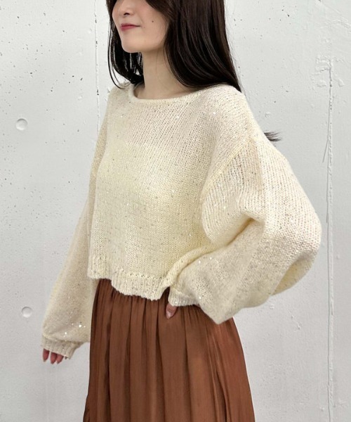 archives（アルシーヴ）の「バックレースアップスパンコール透かしニット（ニット/セーター・レディース・ブラック/アイボリー/ブルーグレー/ピンクベージュ・MEDIUM）」の6枚目の写真