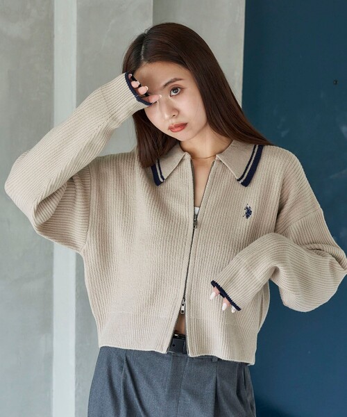 ニット セーター U.S. POLO ASSN. × PUBLUX/ユーエスポロアッスン 別注 襟配色 サマーニットポロ カーディガン　限定展開 レデ U.S. POLO ASSN. ニット セーター × PUBLUX/ユーエスポロアッ