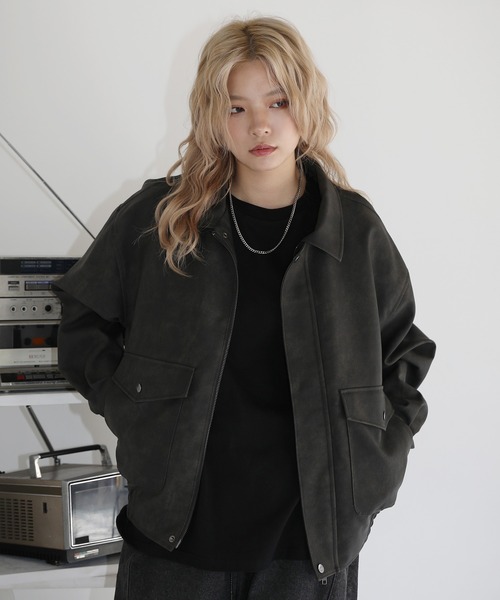 韓国 ショート ジップアップ デザイン ジャケット ブルゾン 2色 Buyer's Select/ ヴィンテージ加工 PU合皮 A-2ショートブルゾン