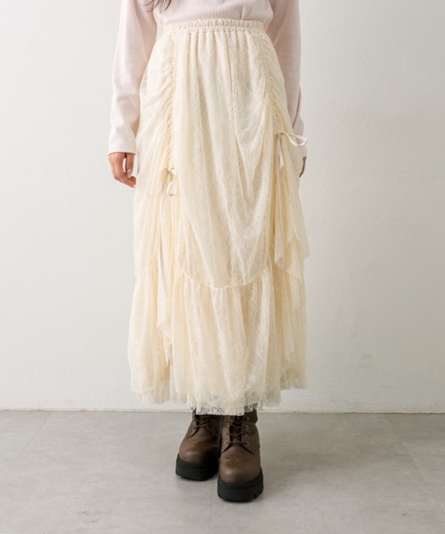OLIVE des OLIVE（オリーブデオリーブ）の「ドロストチュールティアードスカート（スカート・レディース・オフホワイト/アイボリー/モカ・FREE）」の4枚目の写真