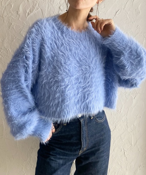 セール】ボリュームスリーブショート丈クロップドフェザーヤーン