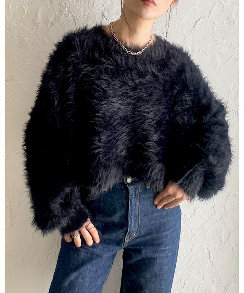 セール】ボリュームスリーブショート丈クロップドフェザーヤーン