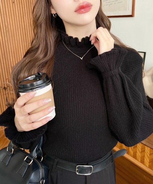 セール】キャンディスリーブフリルネックリブニットプルオーバー