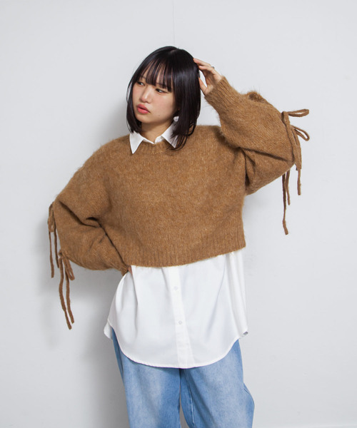 Chillfar（チルファー）の「ウールMIX袖リボンショートニット（ニット/セーター・レディース・ピンク/ブラウン/チャコール/ブルー・FREE）」の8枚目の写真