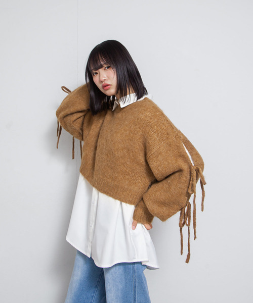 Chillfar（チルファー）の「ウールMIX袖リボンショートニット（ニット/セーター・レディース・ピンク/ブラウン/チャコール/ブルー・FREE）」の10枚目の写真