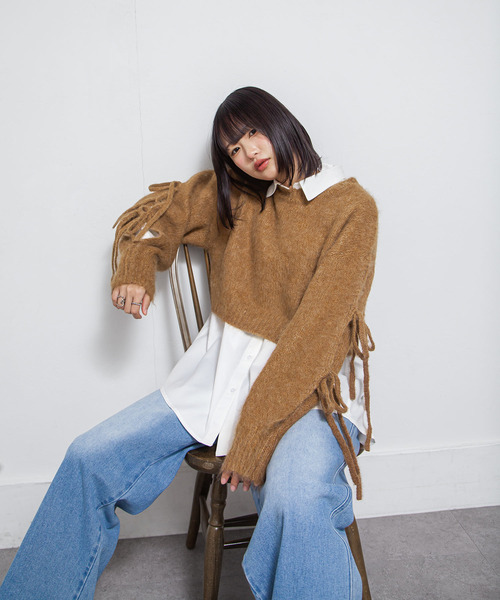 Chillfar（チルファー）の「ウールMIX袖リボンショートニット（ニット/セーター・レディース・ピンク/ブラウン/チャコール/ブルー・FREE）」の13枚目の写真