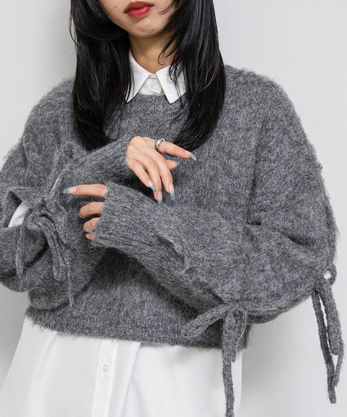 Chillfar（チルファー）の「ウールMIX袖リボンショートニット（ニット/セーター・レディース・ピンク/ブラウン/チャコール/ブルー・FREE）」の16枚目の写真