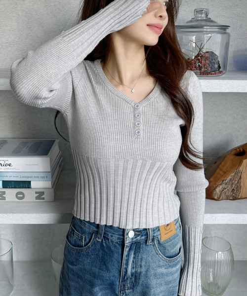 セール】ウエストデザイン Vネック リブニット トップス（ニット