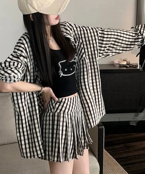SHEENA（シーナ）の「セットアップ　オーバーサイズチェックシャツ×プリーツミニスカート　2点SET（セットアップ・レディース・アイボリー・S/M/L）」の22枚目の写真