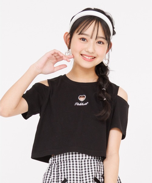PINKHUNT（ピンクハント）の「PINKHUNT ピンクハント ハート開きショート丈 Tシャツ 0566K（Tシャツ/カットソー・キッズ・ホワイト/ブラック/スカイブルー系1・120cm/130cm/140cm/150cm/160cm）」の2枚目の写真