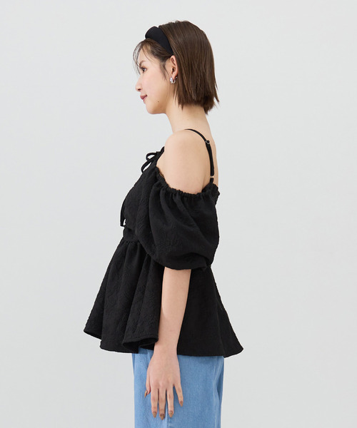 トップス ベロア ペプラム トップス 長袖 シャツ S-L 2color2462 バルーンスリーブペプラムトップス(カットソー・Tシャツ