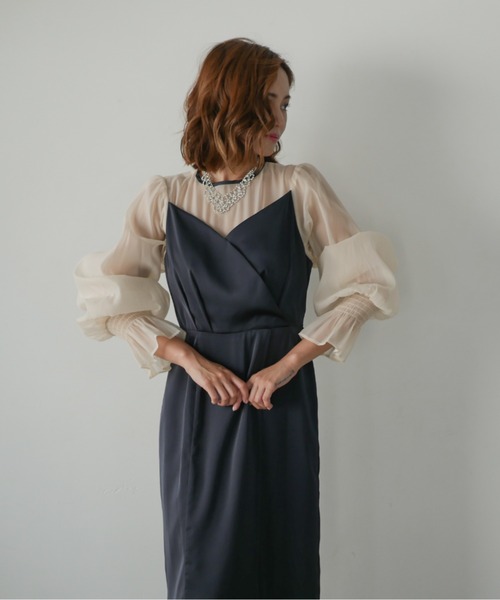 My shawty(マイシャウティー)の「satin volume sleeve dress(ドレス・レディース・グリーン/ネイビー・FREE)」の1枚目の写真