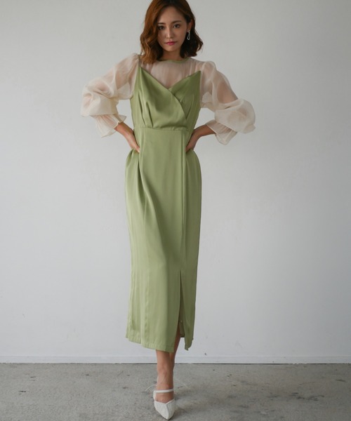 My shawty(マイシャウティー)の「satin volume sleeve dress(ドレス・レディース・グリーン/ネイビー・FREE)」の2枚目の写真