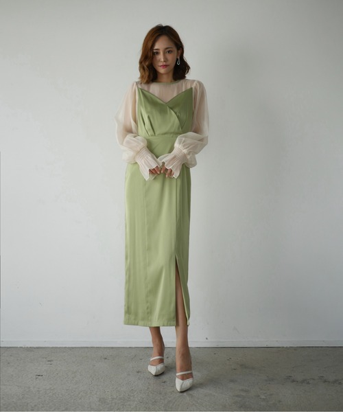 My shawty(マイシャウティー)の「satin volume sleeve dress(ドレス・レディース・グリーン/ネイビー・FREE)」の4枚目の写真