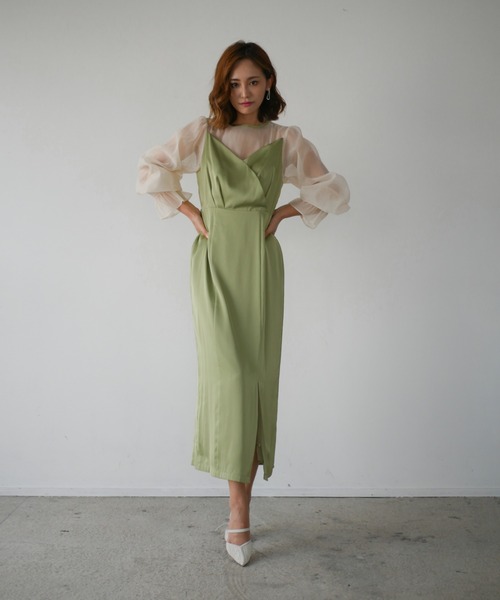 My shawty(マイシャウティー)の「satin volume sleeve dress(ドレス・レディース・グリーン/ネイビー・FREE)」の5枚目の写真