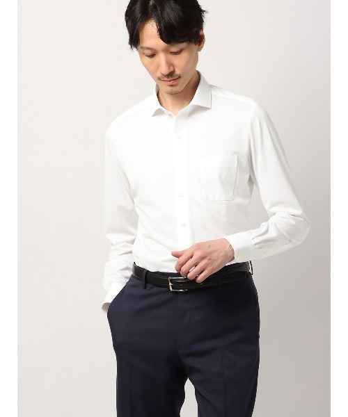 SUIT SQUARE（スーツスクエア）の「最高シャツ ワイシャツ 長袖 ノンアイロンジャージー ホリゾンタルカラー FIT ドレスシャツ（ビジネスシャツ・メンズ・ブルー系/ホワイト系・首回り37cm-裄丈80cm/首回り37cm-裄丈84cm/首回り39cm-裄丈82cm/首回り39cm-裄丈86cm/首回り41cm-裄丈84cm/首回り41cm-裄丈88cm/首回り45cm-裄丈86cm/首回り43cm-裄丈86cm）」の2枚目の写真