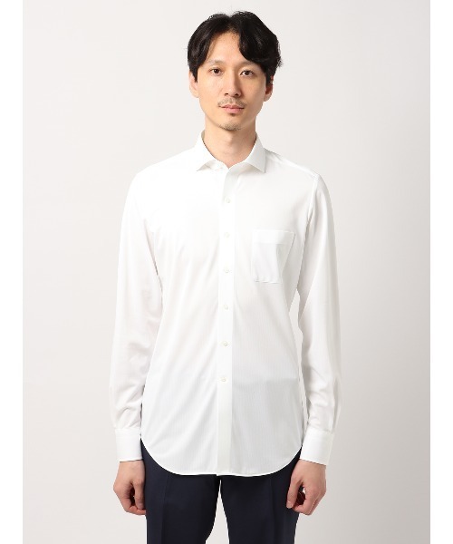 SUIT SQUARE（スーツスクエア）の「最高シャツ ワイシャツ 長袖 ノンアイロンジャージー ホリゾンタルカラー FIT ドレスシャツ（ビジネスシャツ・メンズ・ブルー系/ホワイト系・首回り37cm-裄丈80cm/首回り37cm-裄丈84cm/首回り39cm-裄丈82cm/首回り39cm-裄丈86cm/首回り41cm-裄丈84cm/首回り41cm-裄丈88cm/首回り45cm-裄丈86cm/首回り43cm-裄丈86cm）」の3枚目の写真