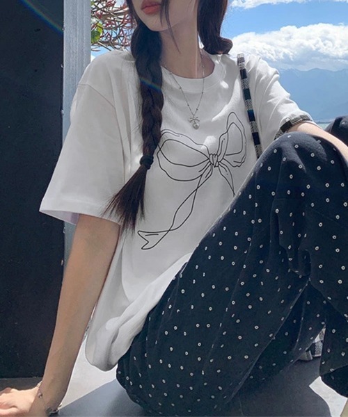 Miniministore（ミニミニストア）の「リボンプリントTシャツ レディース 半袖（Tシャツ/カットソー・レディース・ホワイト/ブラック・FREE）」の4枚目の写真