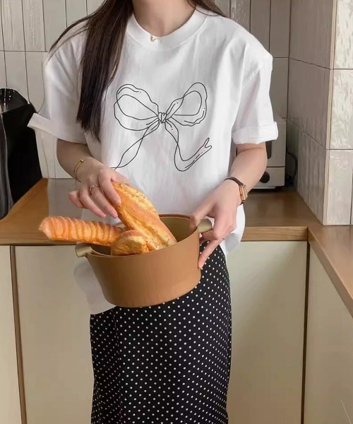 Miniministore（ミニミニストア）の「リボンプリントTシャツ レディース 半袖（Tシャツ/カットソー・レディース・ホワイト/ブラック・FREE）」の5枚目の写真