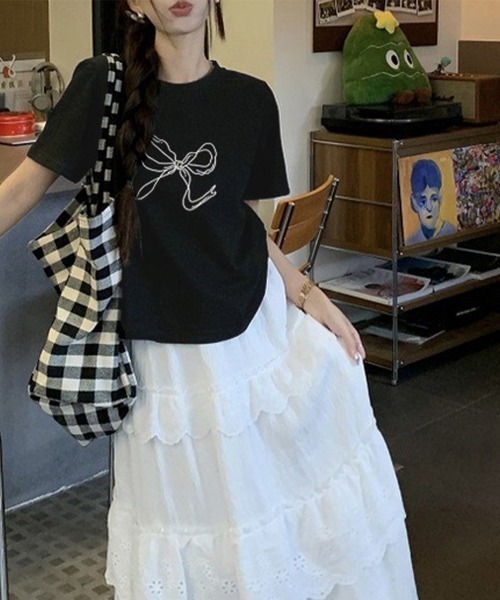 Miniministore（ミニミニストア）の「リボンプリントTシャツ レディース 半袖（Tシャツ/カットソー・レディース・ホワイト/ブラック・FREE）」の9枚目の写真