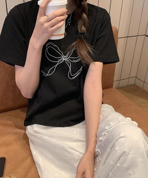 Miniministore（ミニミニストア）の「リボンプリントTシャツ レディース 半袖（Tシャツ/カットソー・レディース・ホワイト/ブラック・FREE）」の10枚目の写真