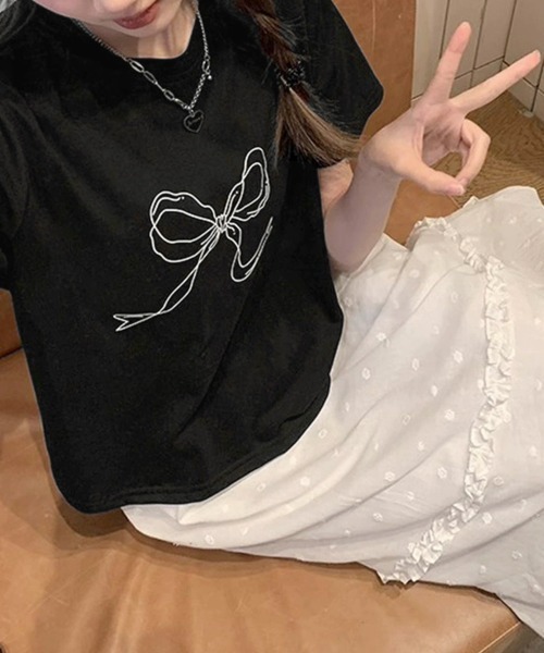 Miniministore（ミニミニストア）の「リボンプリントTシャツ レディース 半袖（Tシャツ/カットソー・レディース・ホワイト/ブラック・FREE）」の11枚目の写真