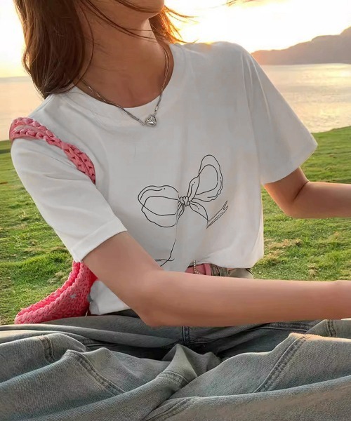 Miniministore（ミニミニストア）の「リボンプリントTシャツ レディース 半袖（Tシャツ/カットソー・レディース・ホワイト/ブラック・FREE）」の12枚目の写真