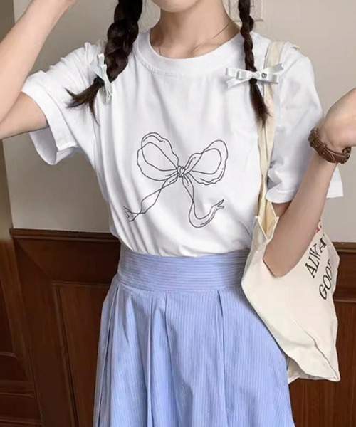 Miniministore（ミニミニストア）の「リボンプリントTシャツ レディース 半袖（Tシャツ/カットソー・レディース・ホワイト/ブラック・FREE）」の14枚目の写真