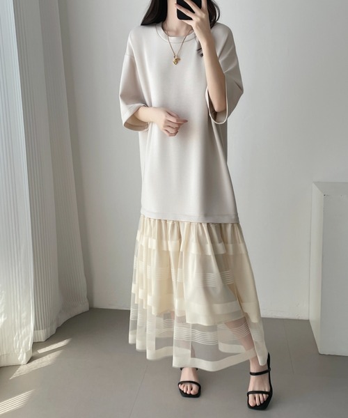 ABITOKYO(アビトーキョー)の「シアーボーダー切替ダンボールワンピース(ワンピース・レディース・ブラック/ベージュ・M/L/XL)」の1枚目の写真